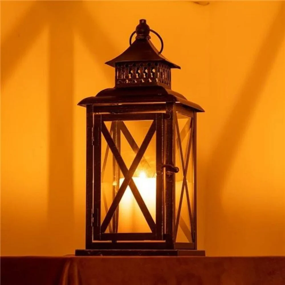 Large Black Metal Candle Lantern Indoor Outdoor Hanging Vintage Decor